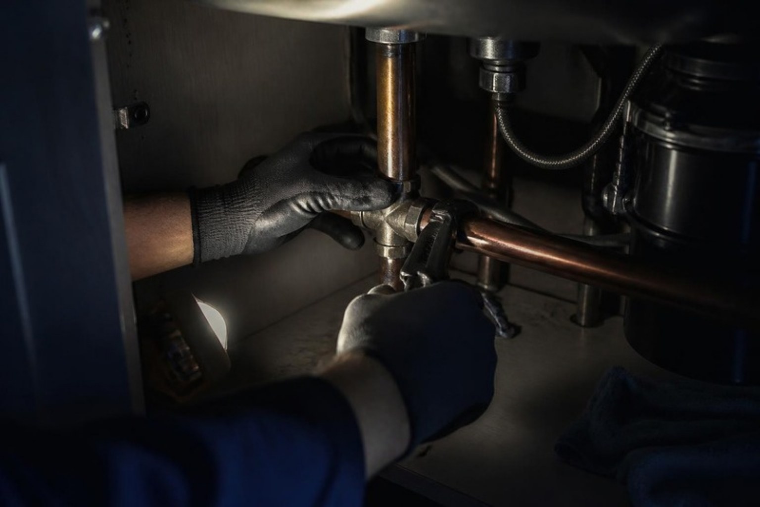 A plumber's gloved hands tightening a copper pipe under a sink at night