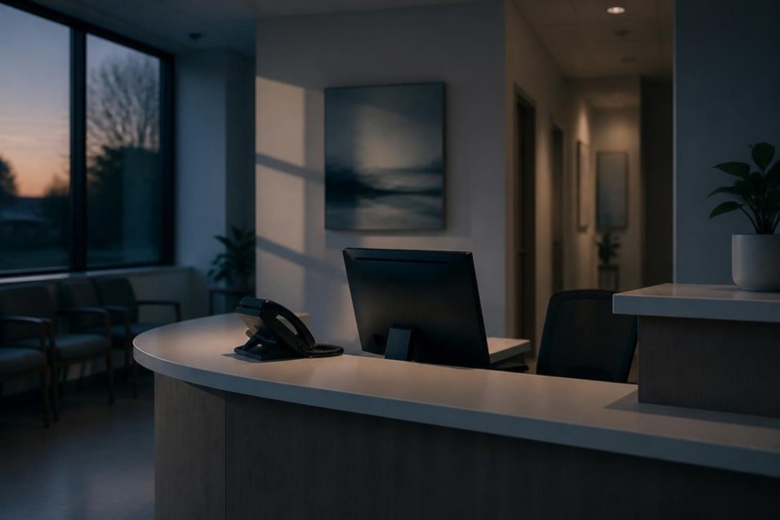 An empty clinic reception desk at dusk with a desk phone