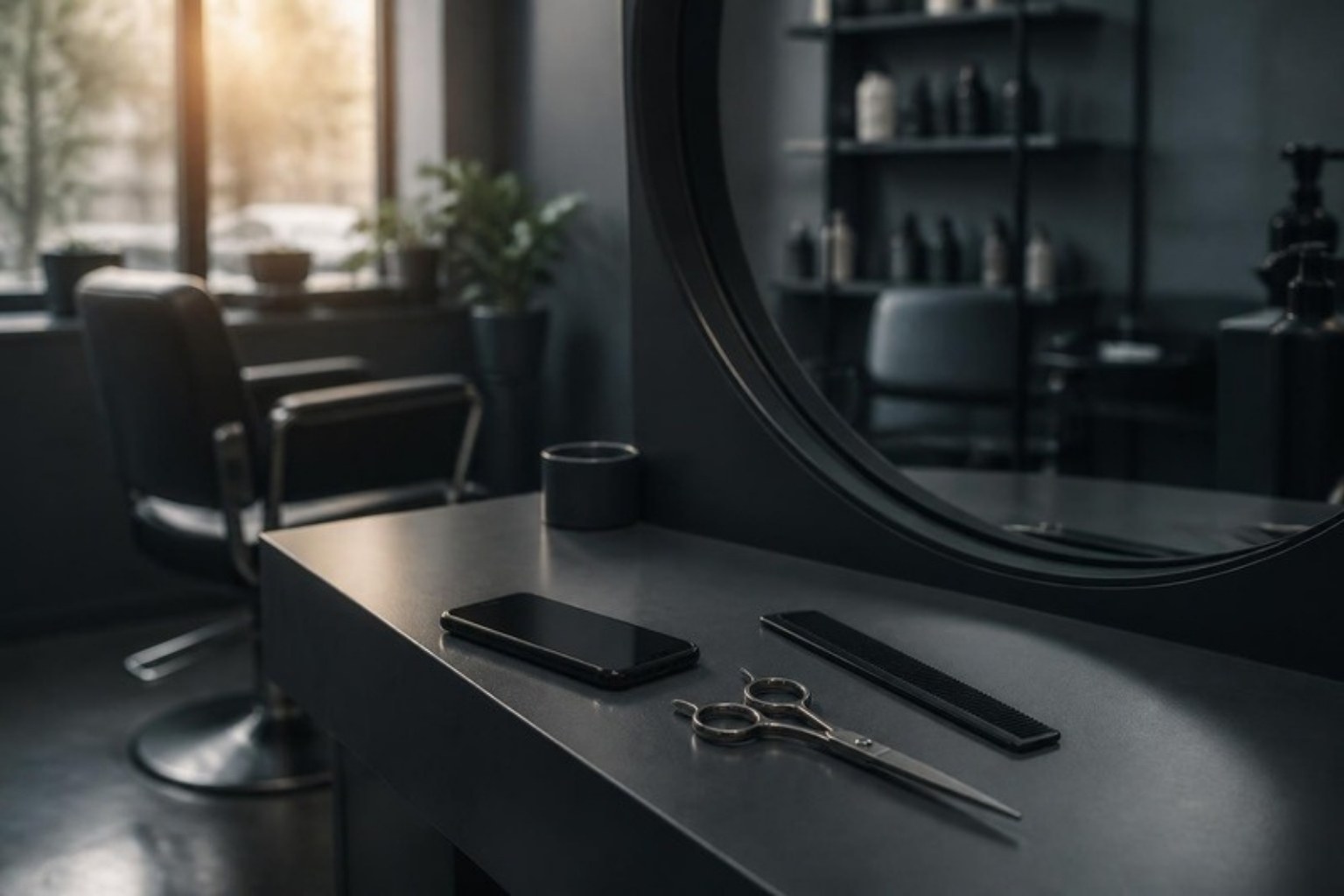 Scissors, a comb and a phone on a salon counter at closing time
