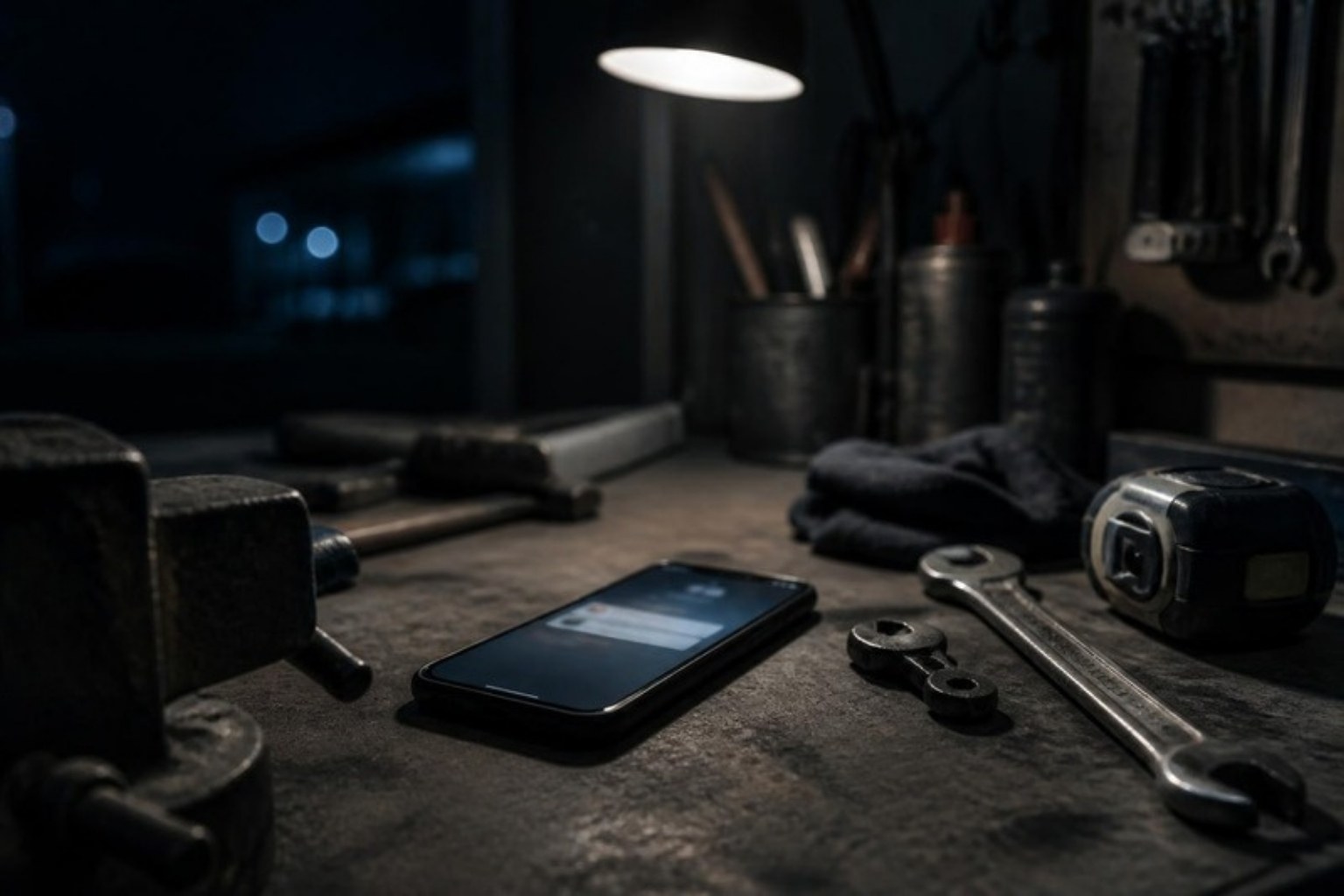 A phone glowing on a tradesman's workbench at night