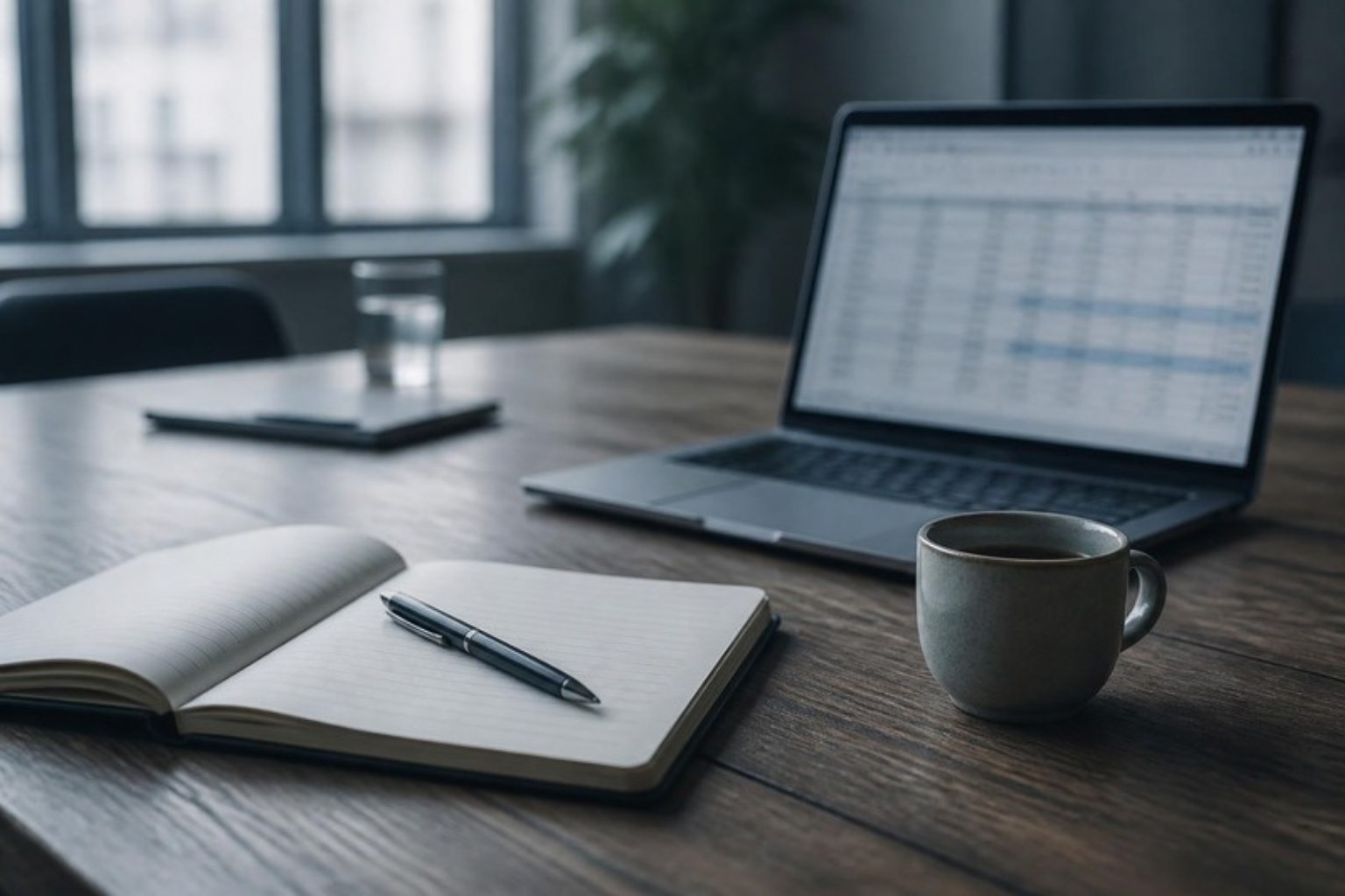 A notebook, pen and coffee on a meeting table beside a laptop