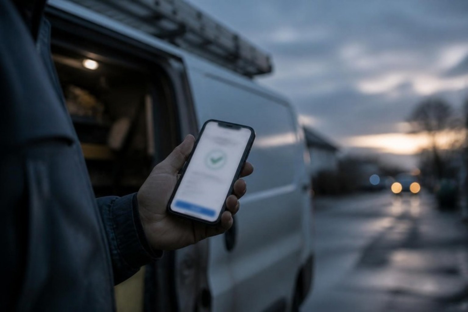 A tradesperson holding a phone showing a booking confirmation beside a van at dusk