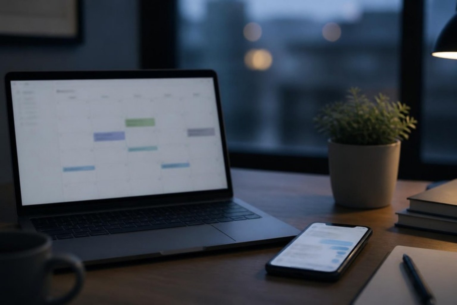 A laptop showing a calendar beside a phone with a chat open