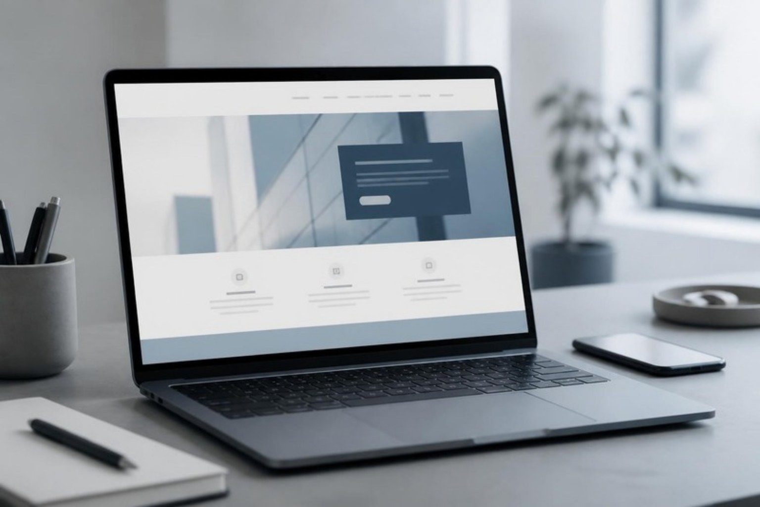 A laptop showing a clean business website beside a phone on a desk